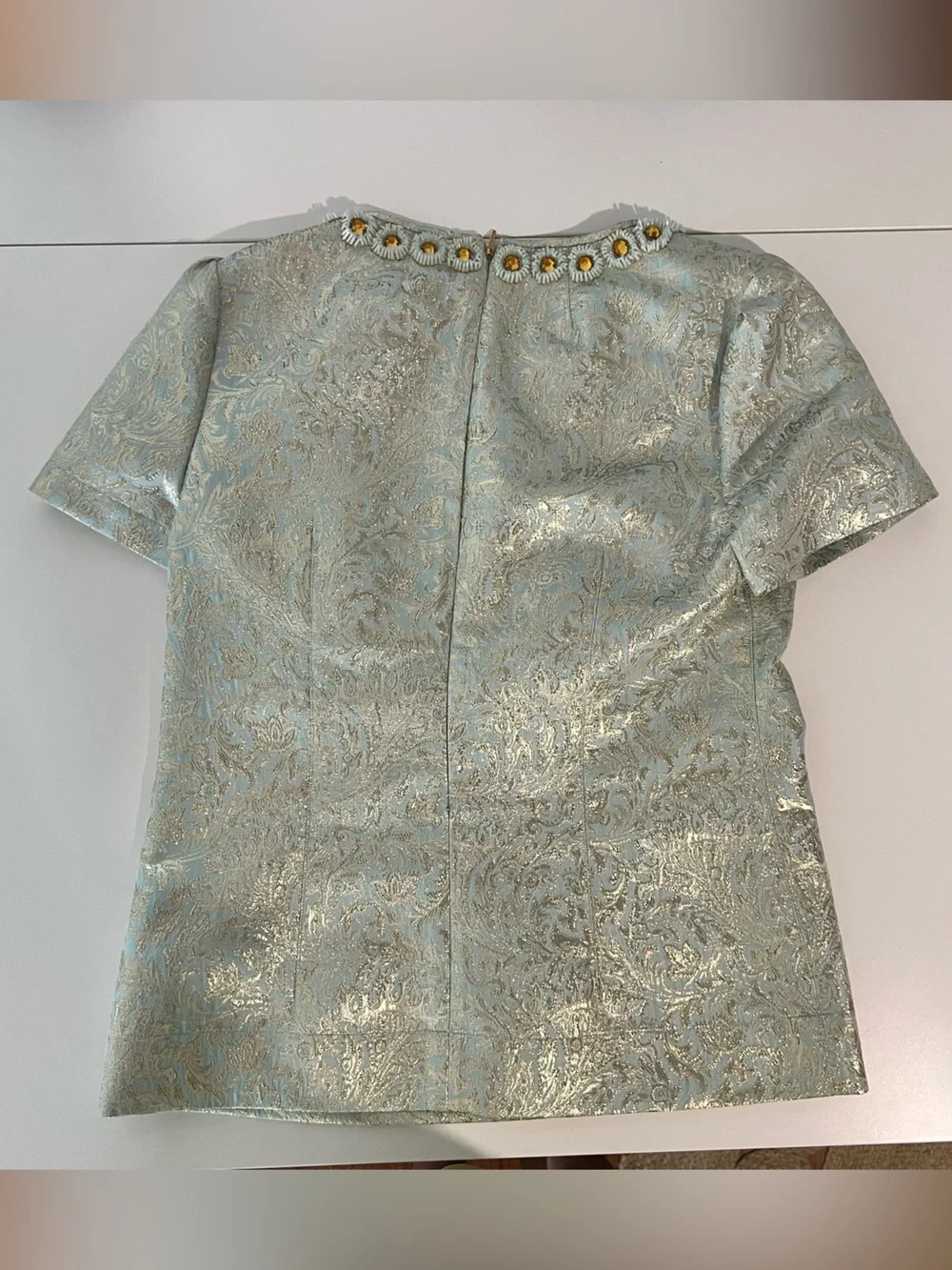 Vintage Tory Burch Lola Seafoam Green Metallic Jacquard Embellished Silk Top 6